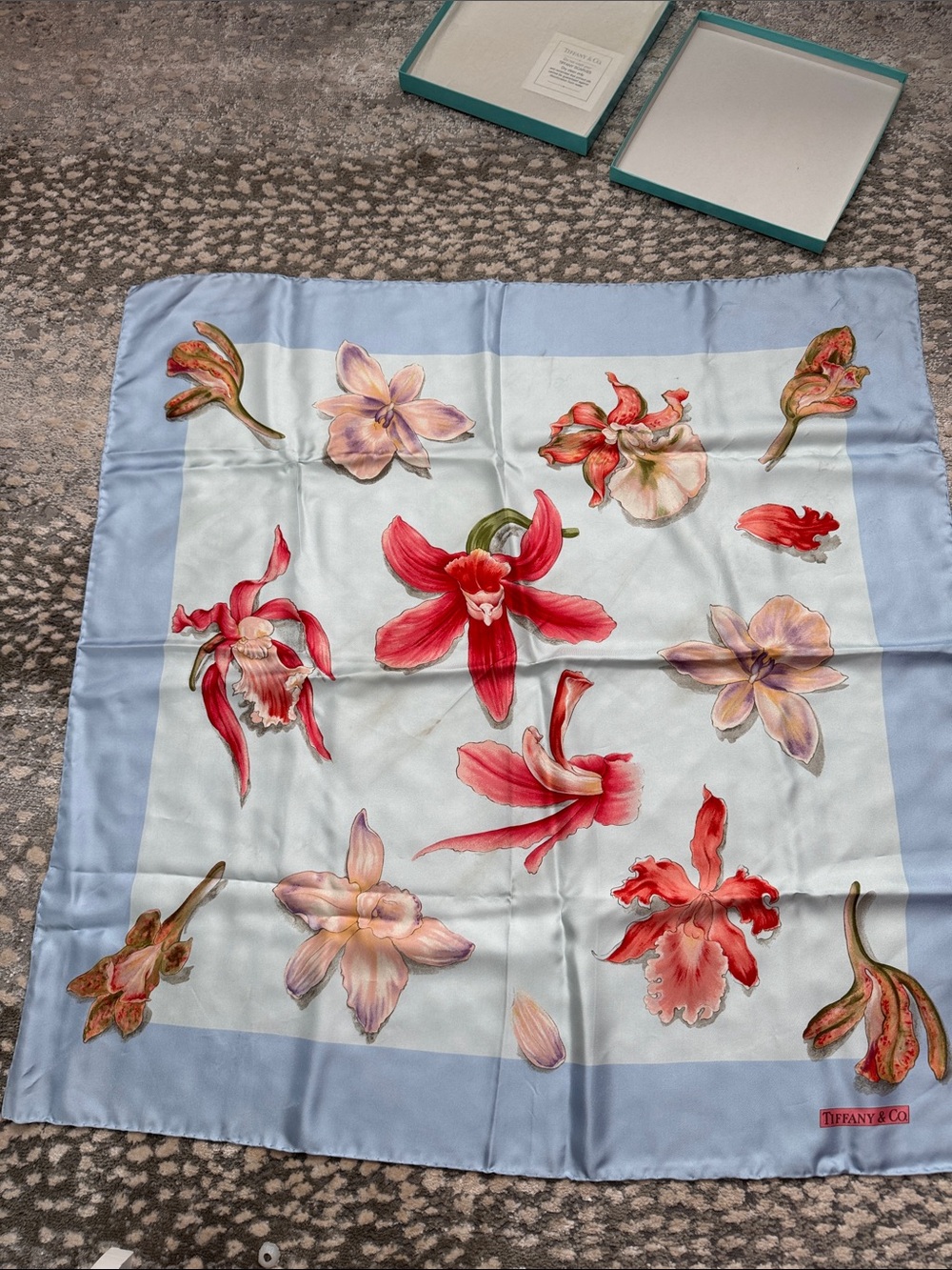 Tiffany & Co. Light Blue Silk Scarf with Red and Pink Floral Motif